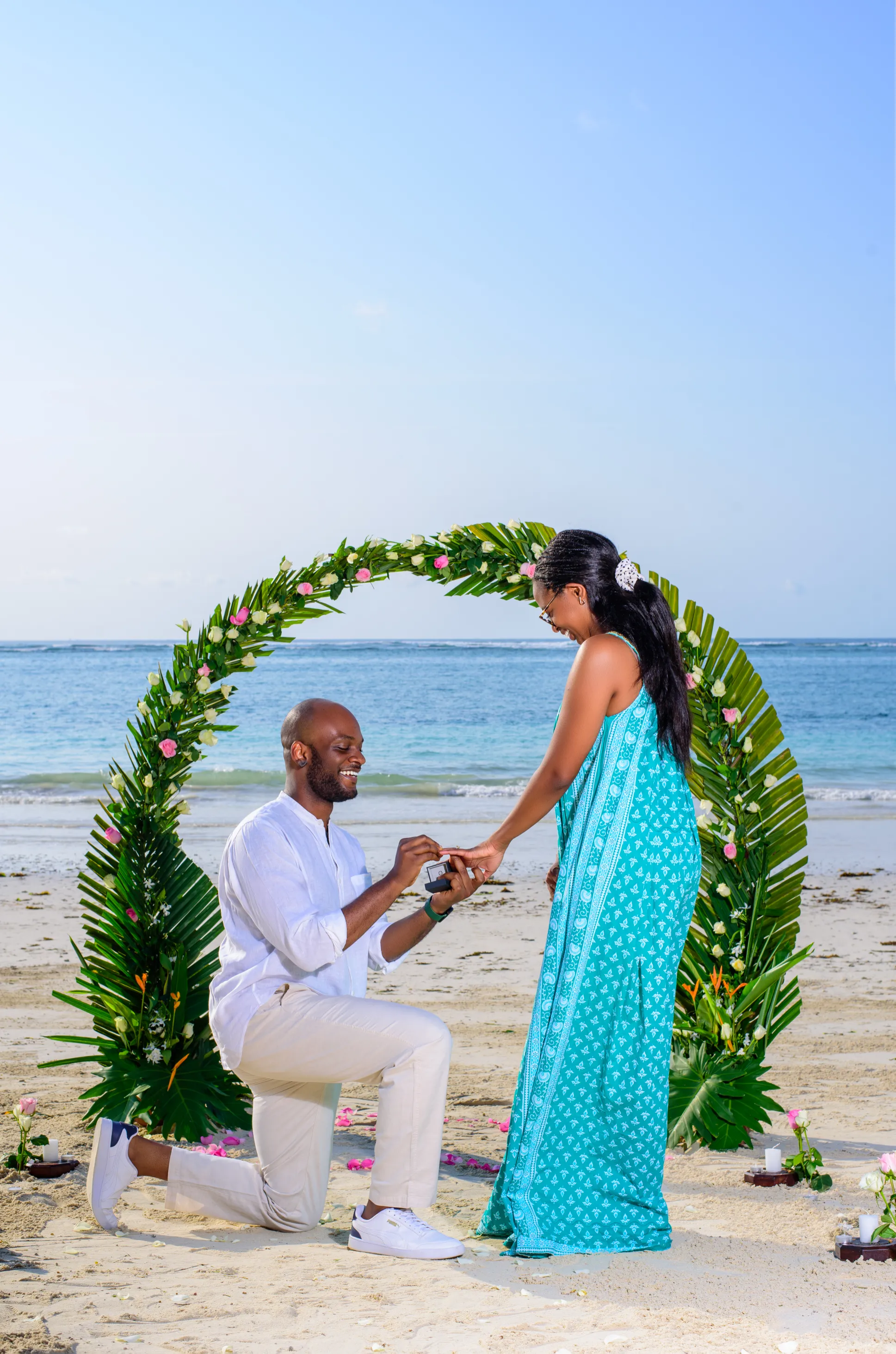 Beach proposal at sunset on the Mombasa coast